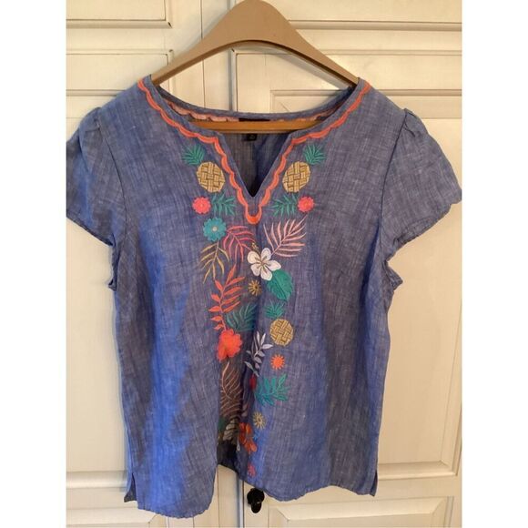 Talbots Embroidered Linen Blend Top Sz L Petite Floral Boho - Picture 3 of 10